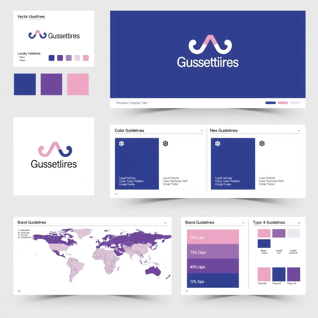 Brand identity design showcase featuring logo variations, color palettes, typography samples, and brand guideline layouts
