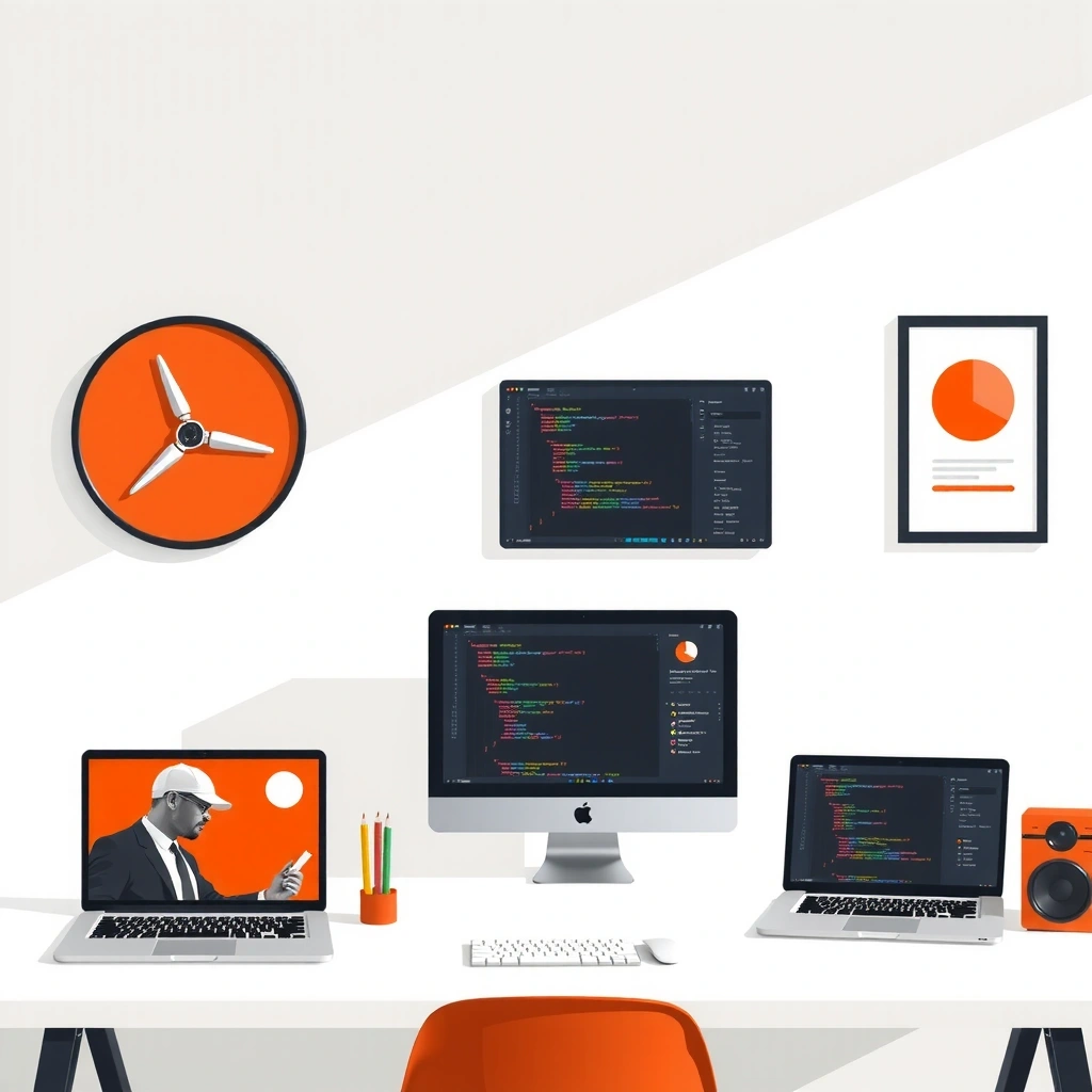 Modern web development interface showing responsive website designs, code snippets, and development tools