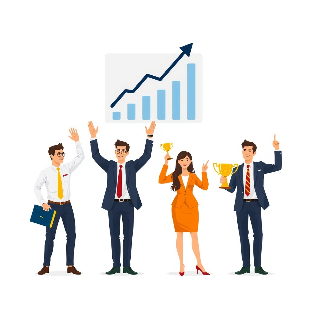 Professional marketing team celebrating success with charts showing business growth, client testimonials, and achievement awards