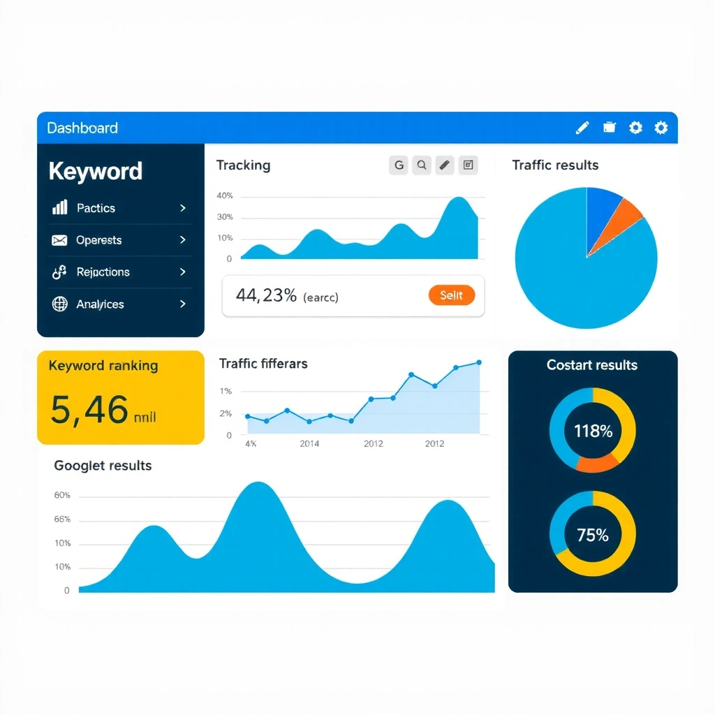 SEO optimization dashboard showing keyword rankings, traffic analytics, and search engine visibility metrics